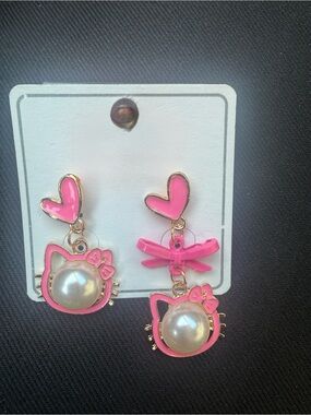 Pink Pearl Cat Drop Earrings for Kids - Cute Heart & Bow Design